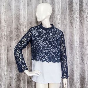 SANDRO Paris Womens Shirt Blue Lace Striped Long sleeve size 2/US4